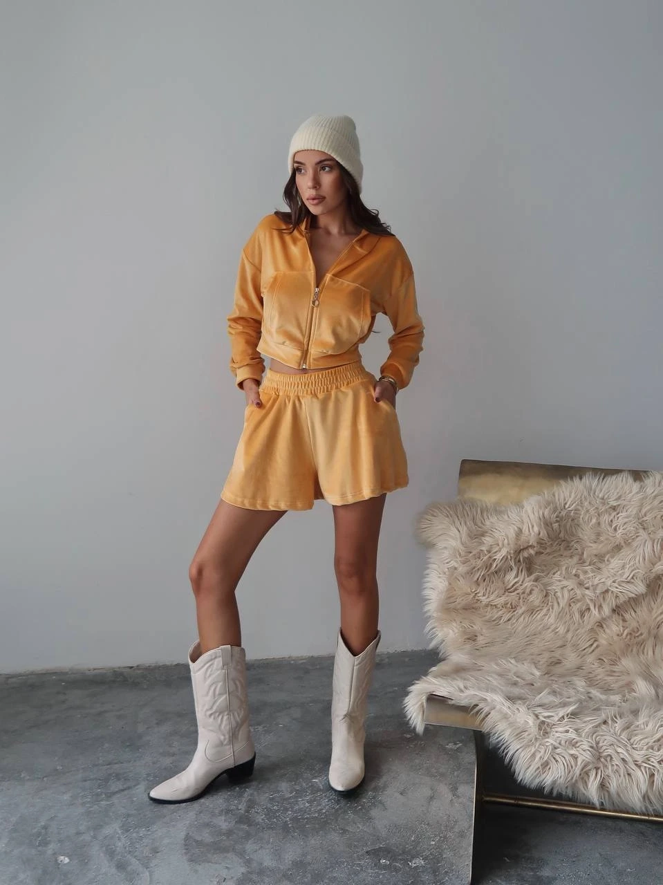 Fransız Kadife Şortlu Takım Turuncu