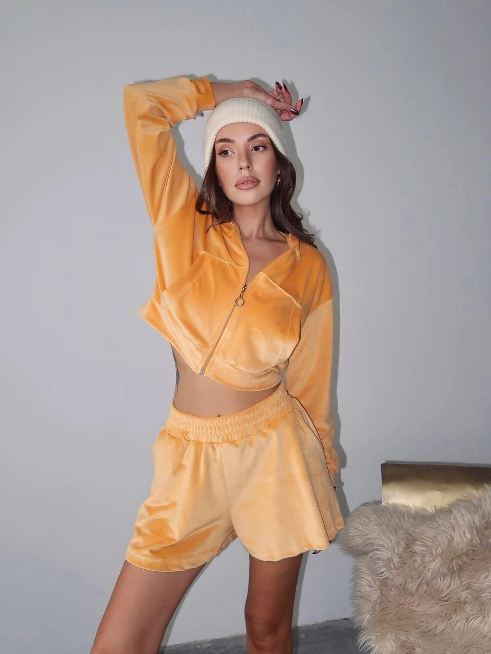 Fransız Kadife Şortlu Takım Turuncu