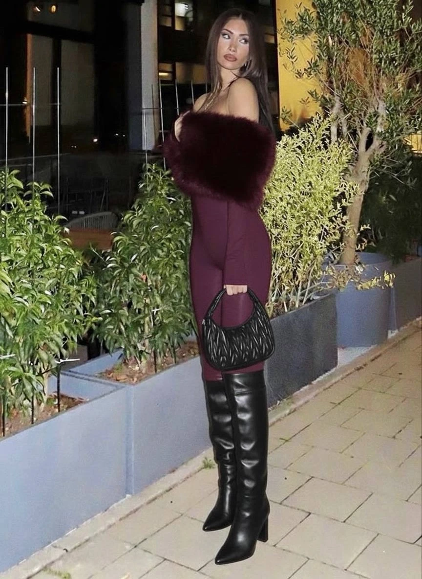 Full Likralı Modal Kumaş Kürk Detaylı Maxi Boy Tulum