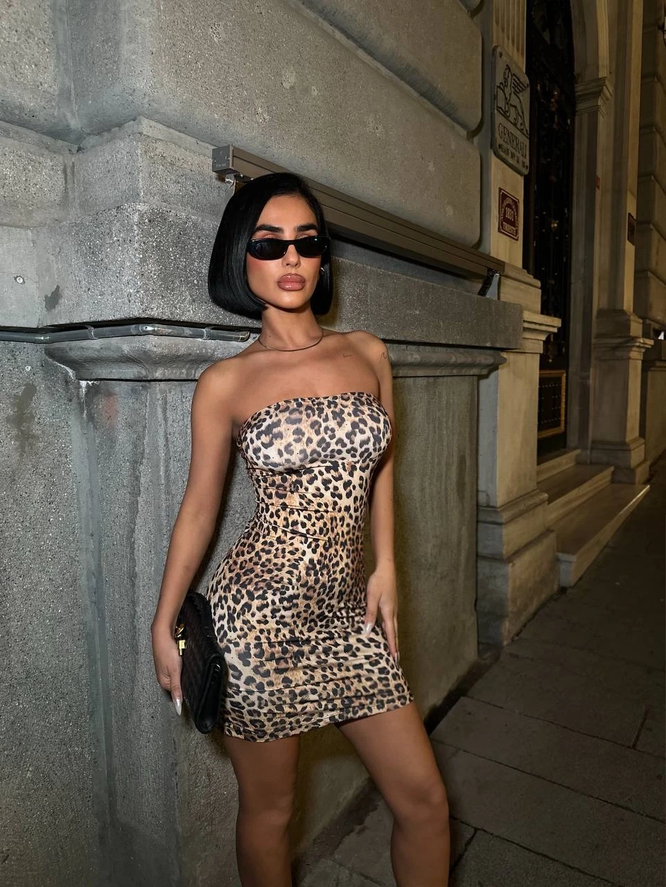 Full Taş Straplez Mini Elbise Leopar