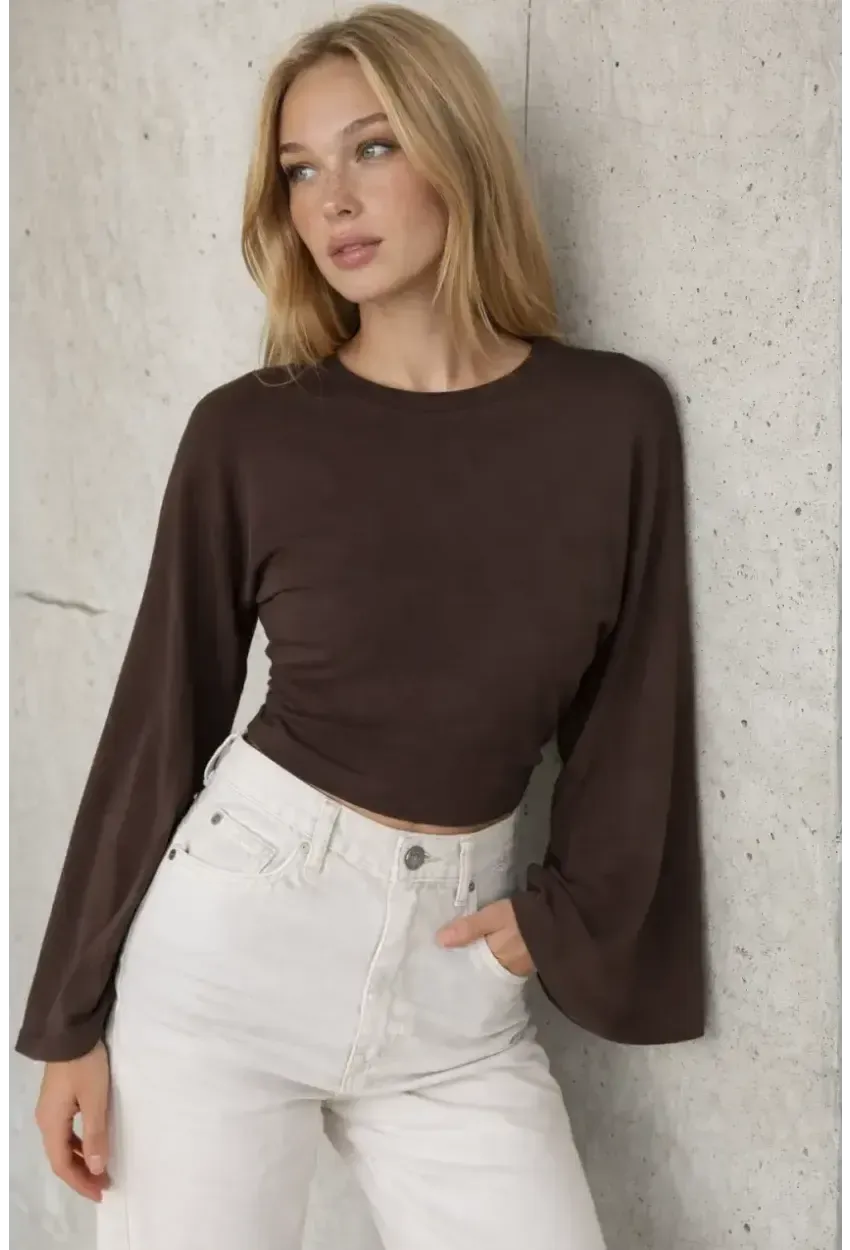 Geniş Kol Crop Bluz Kahve