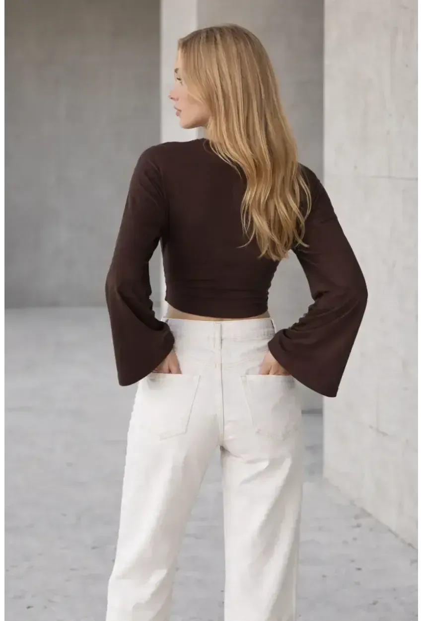 Geniş Kol Crop Bluz Kahve