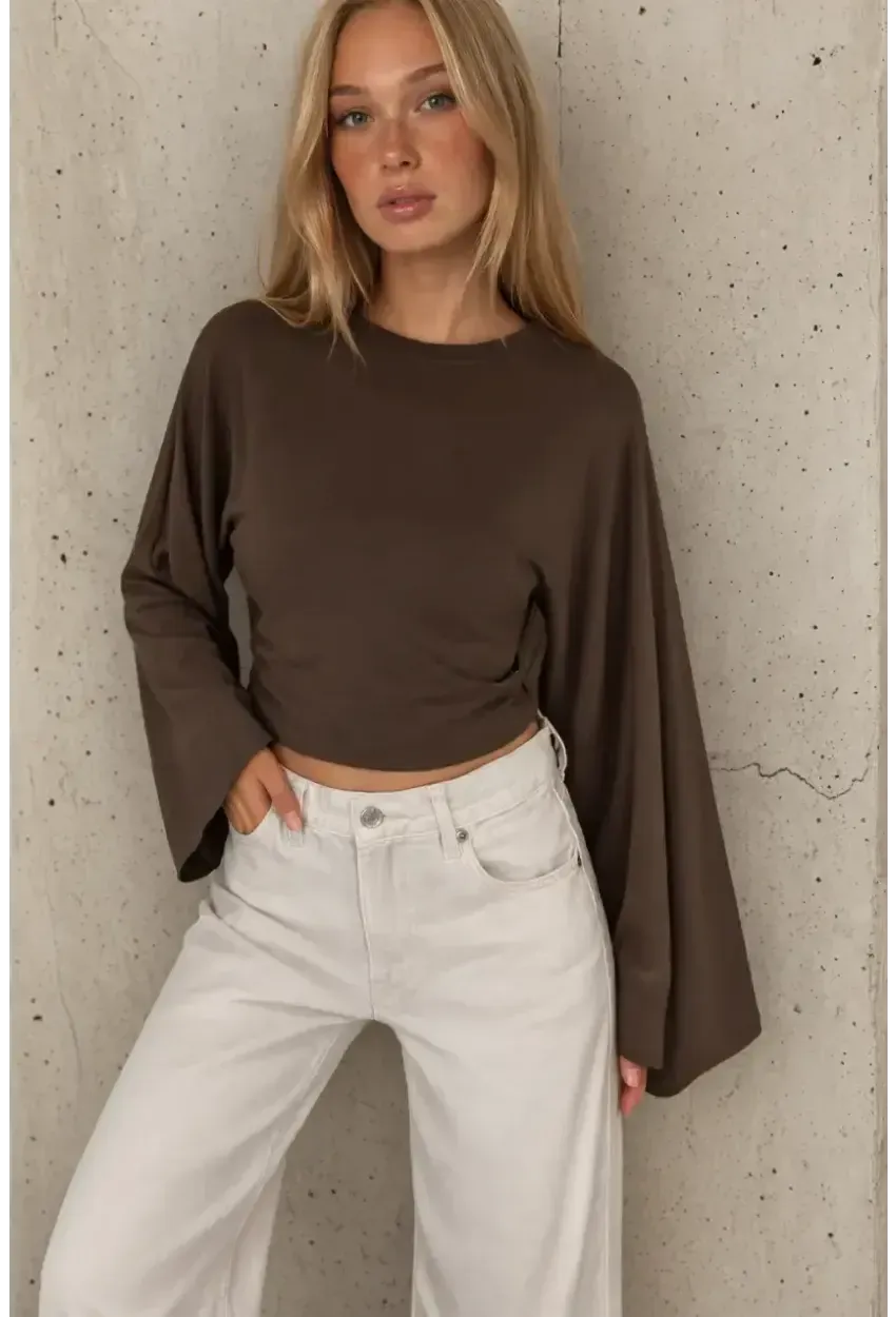 Geniş Kol Crop Bluz Kahve