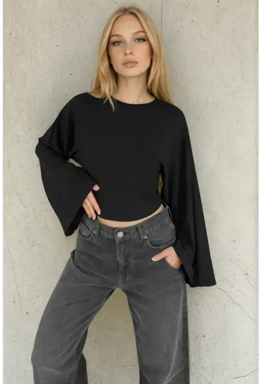 Geniş Kol Crop Bluz Siyah