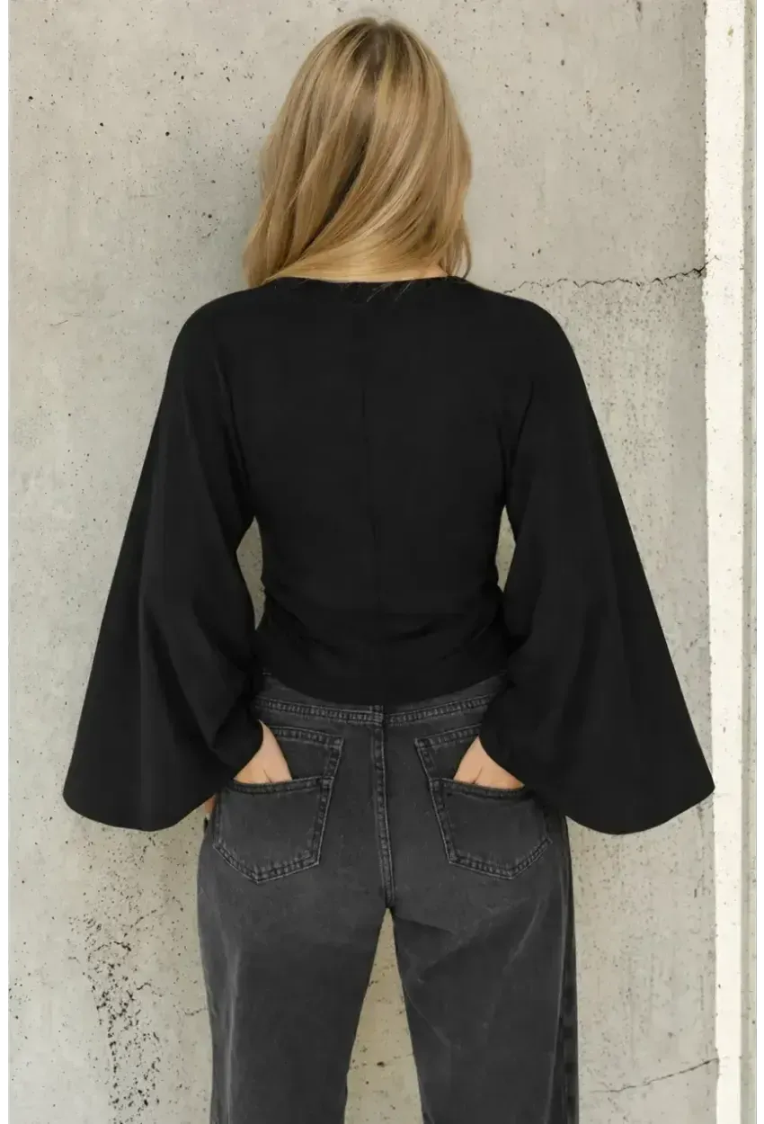 Geniş Kol Crop Bluz Siyah