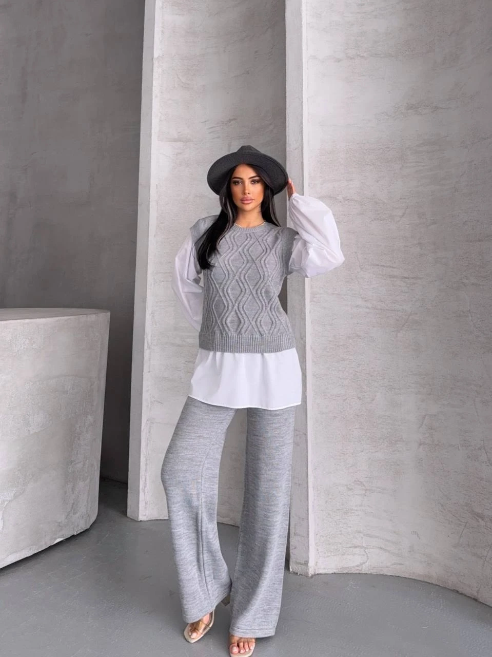 Gömlek Detay Baklava Desen Triko Takım Gri