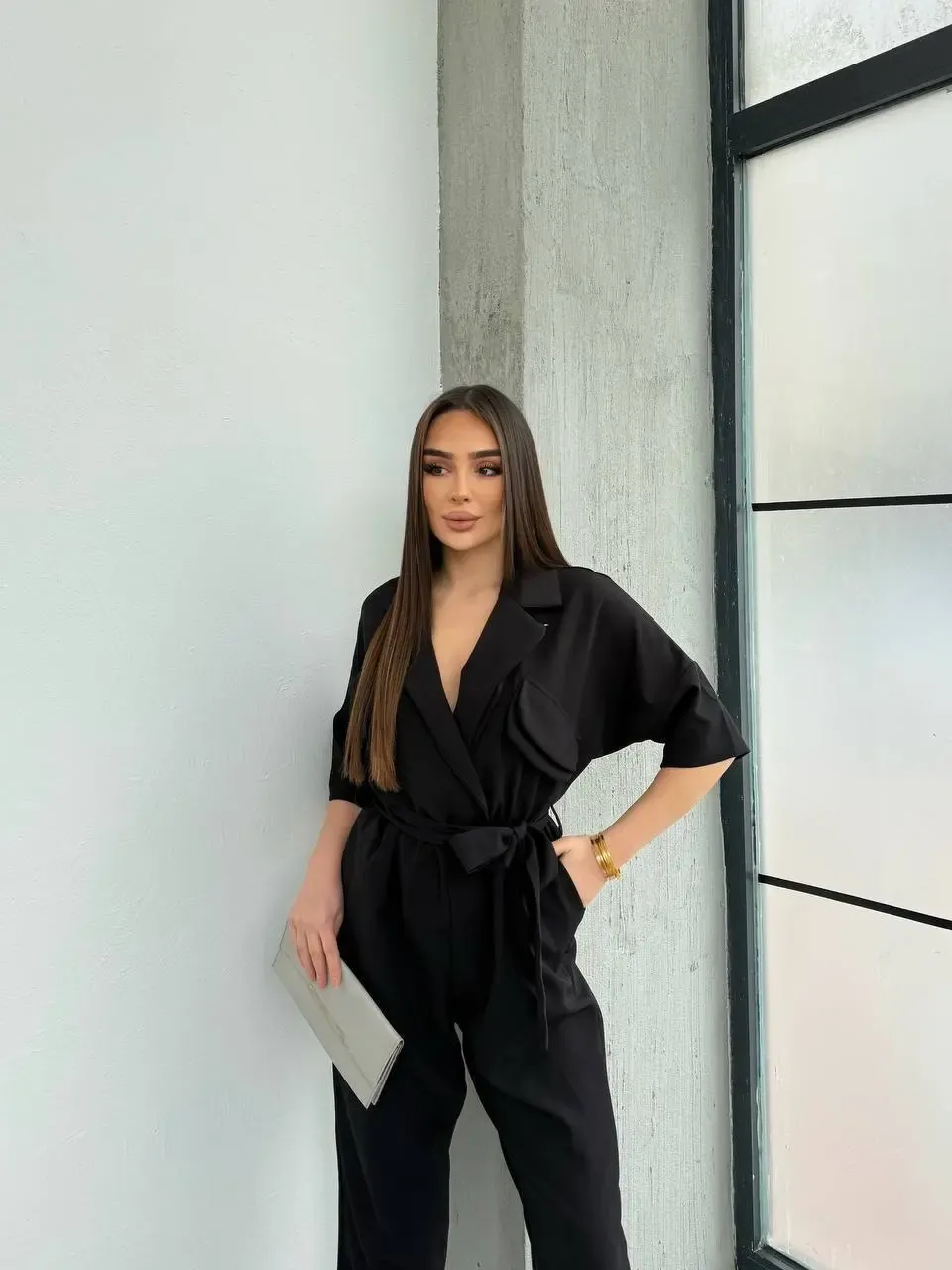 İthal Atlas Kumaş Kruvaze Yaka Tulum Siyah