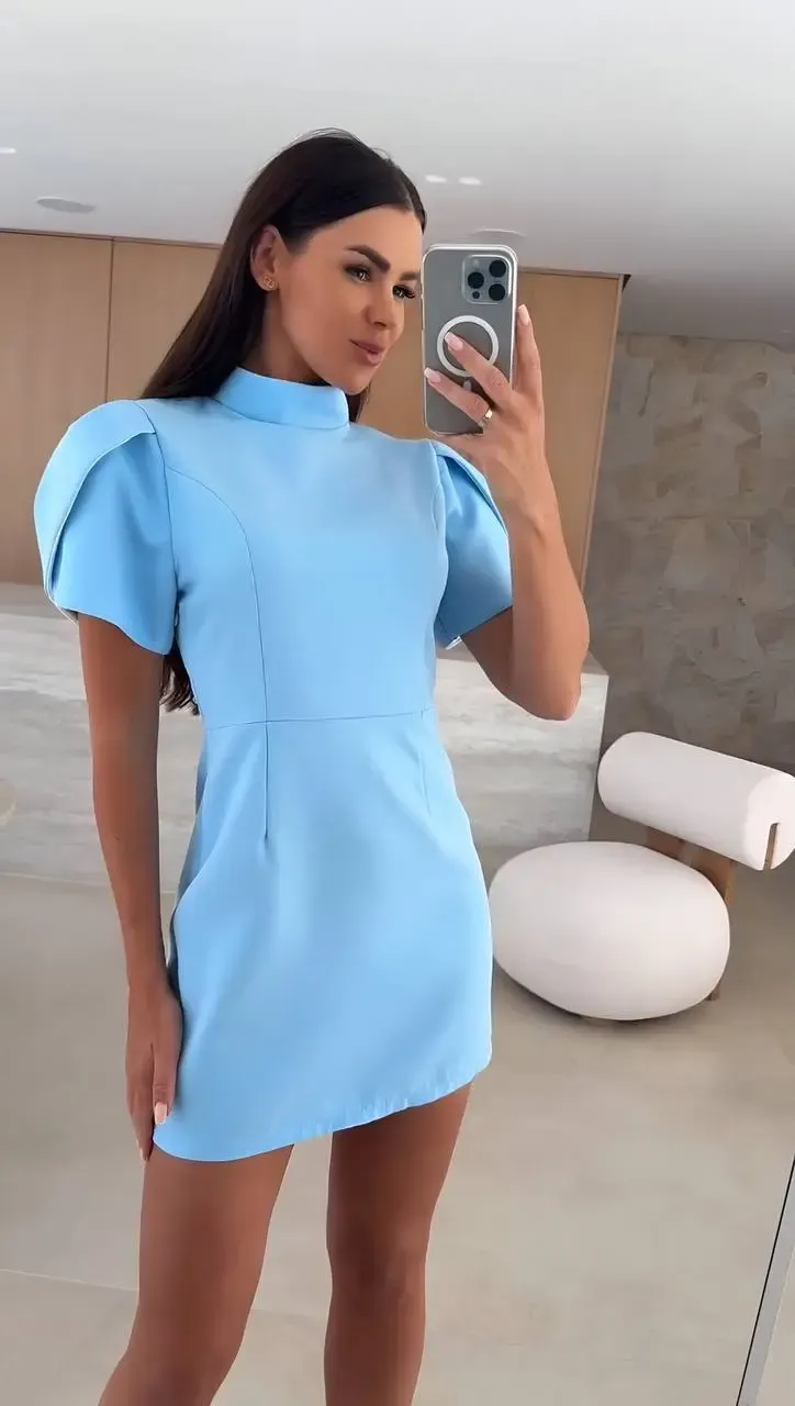 İthal Double Atlas Kumaş Fermuarlı Sırt Detay Mini Elbise Mavi