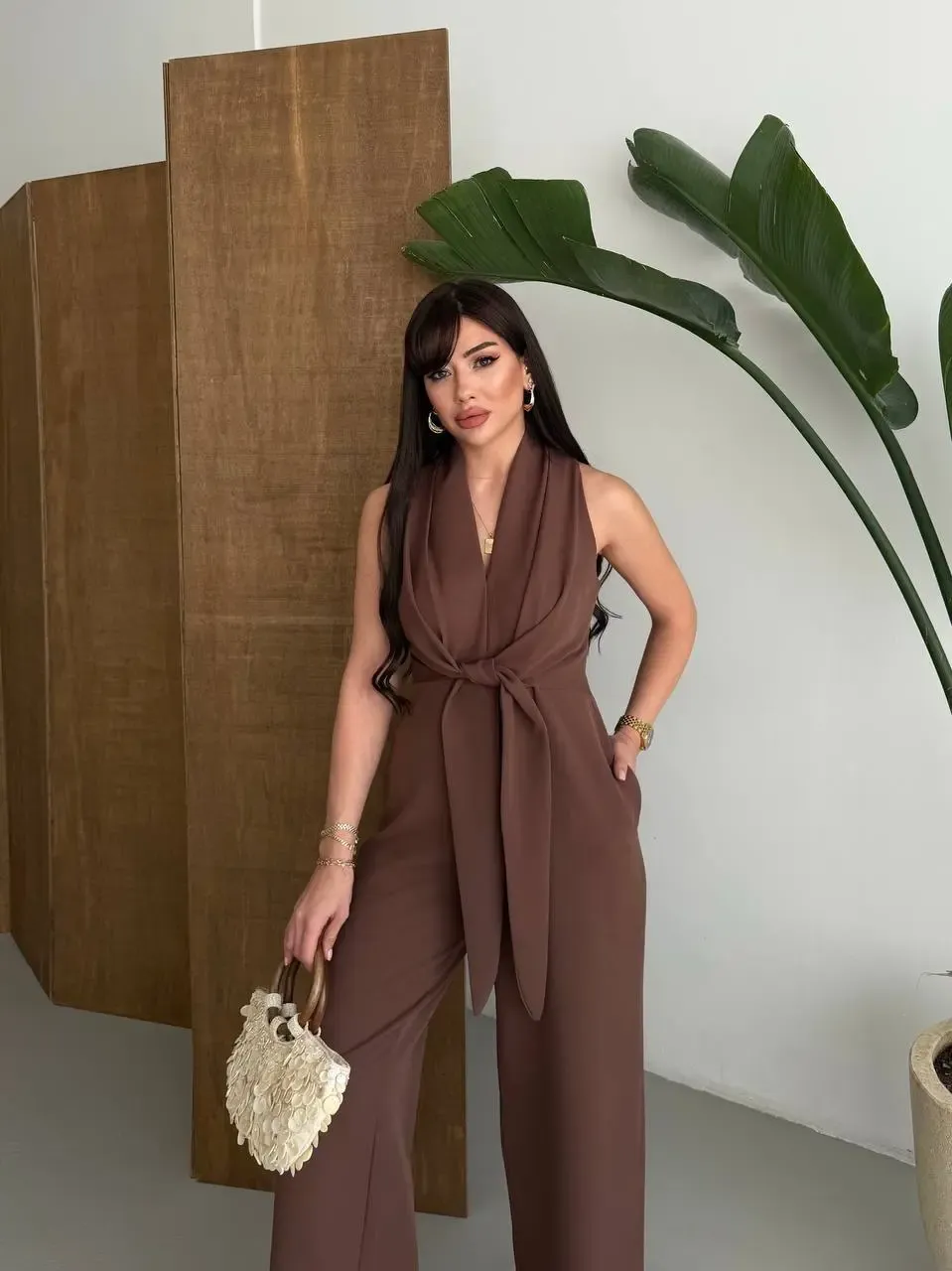 İthal Hürrem Kumaş Bağlama Detay Tulum Kahve