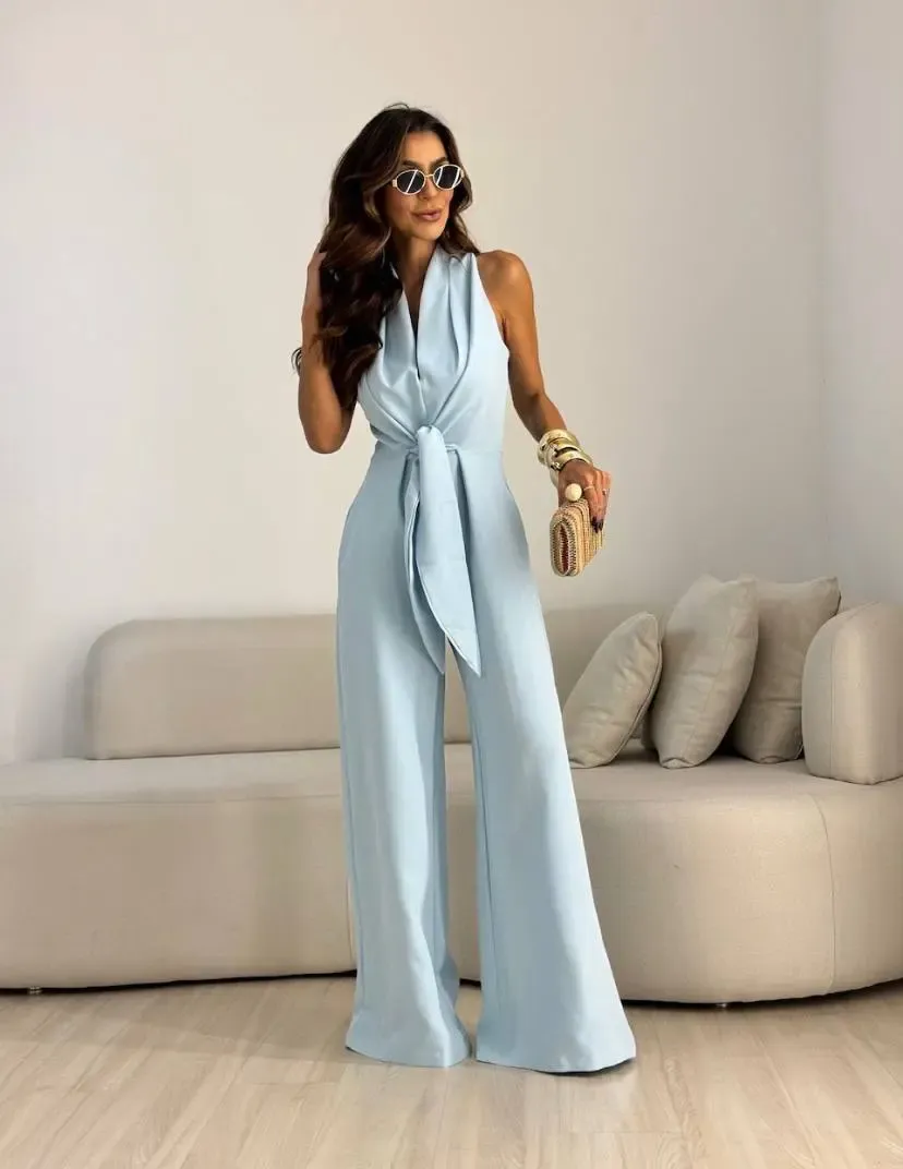 İthal Hürrem Kumaş Bağlama Detay Tulum Mavi