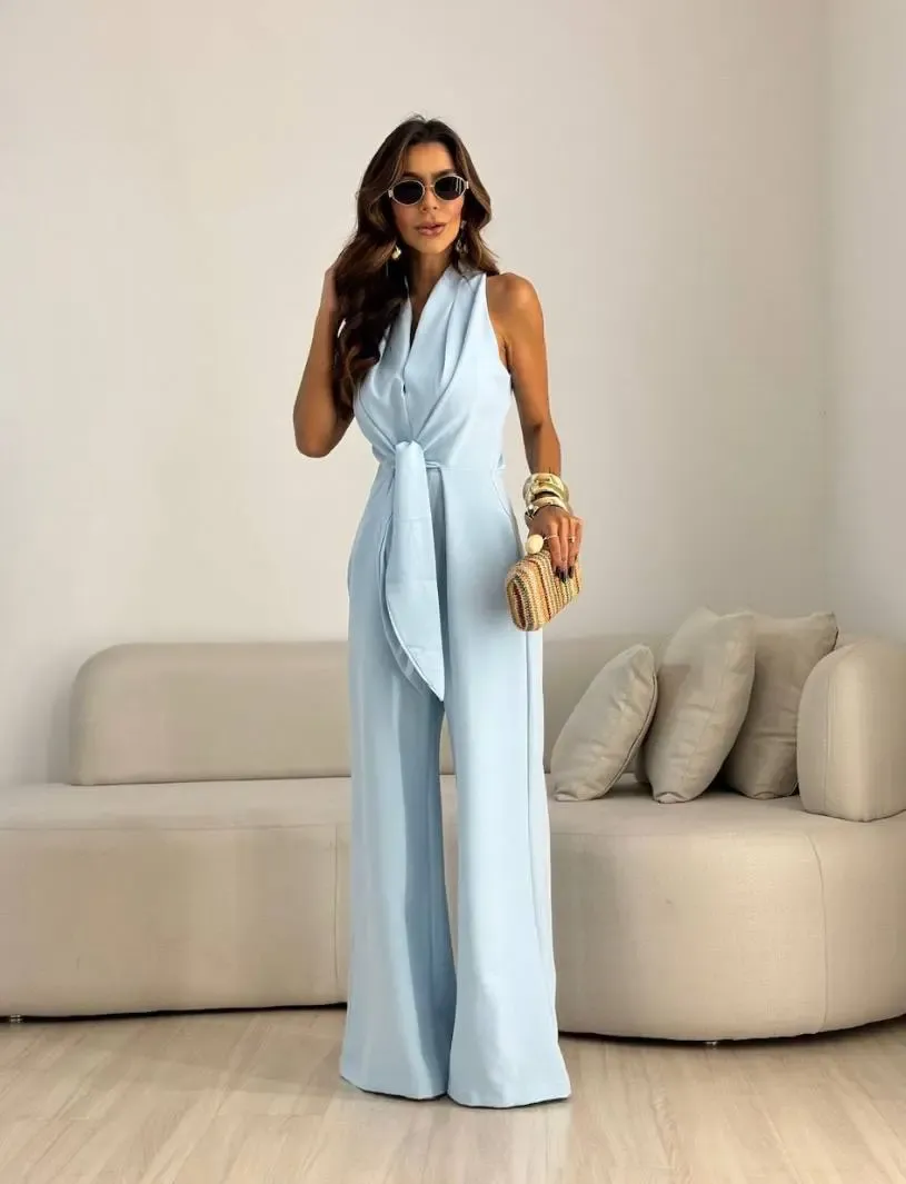 İthal Hürrem Kumaş Bağlama Detay Tulum Mavi