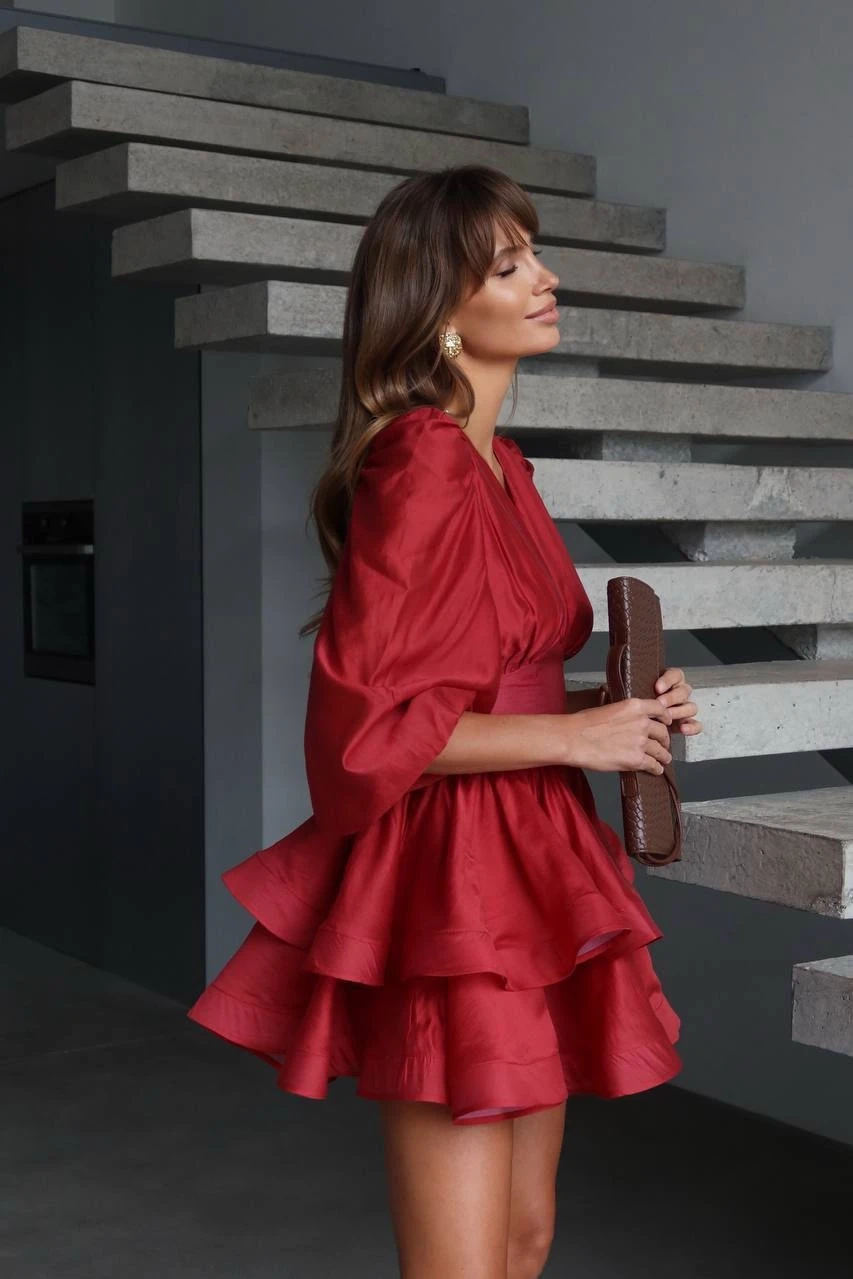 İthal Poplin Kumaş Tarlatan Detay Kırmızı Elbise