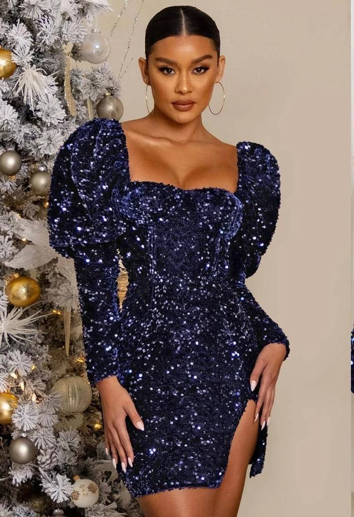 İthal Pulpayet İşlemeli Kadife Mini Elbise