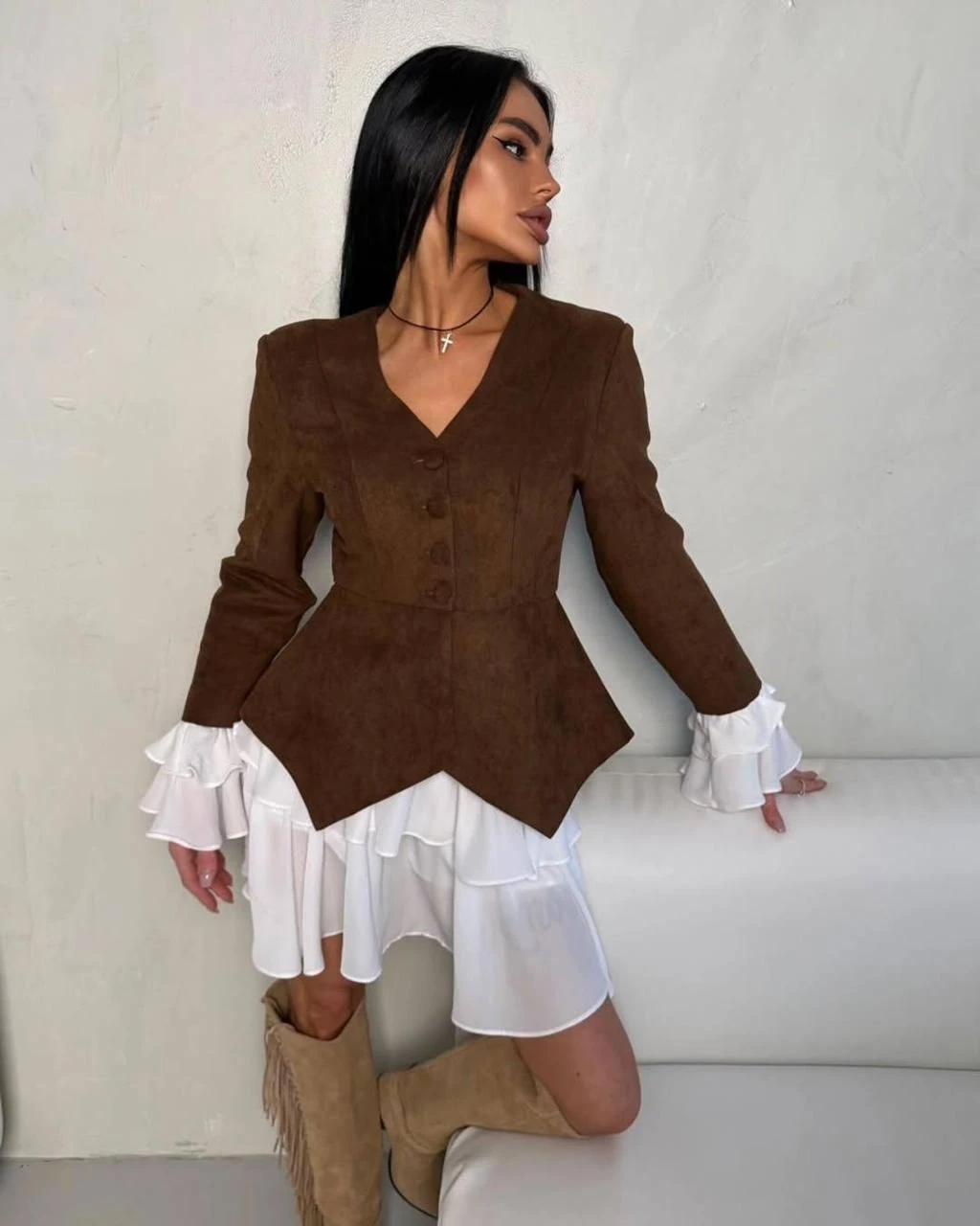 İthal Süet Kumaş Ceket ve Etek Takım