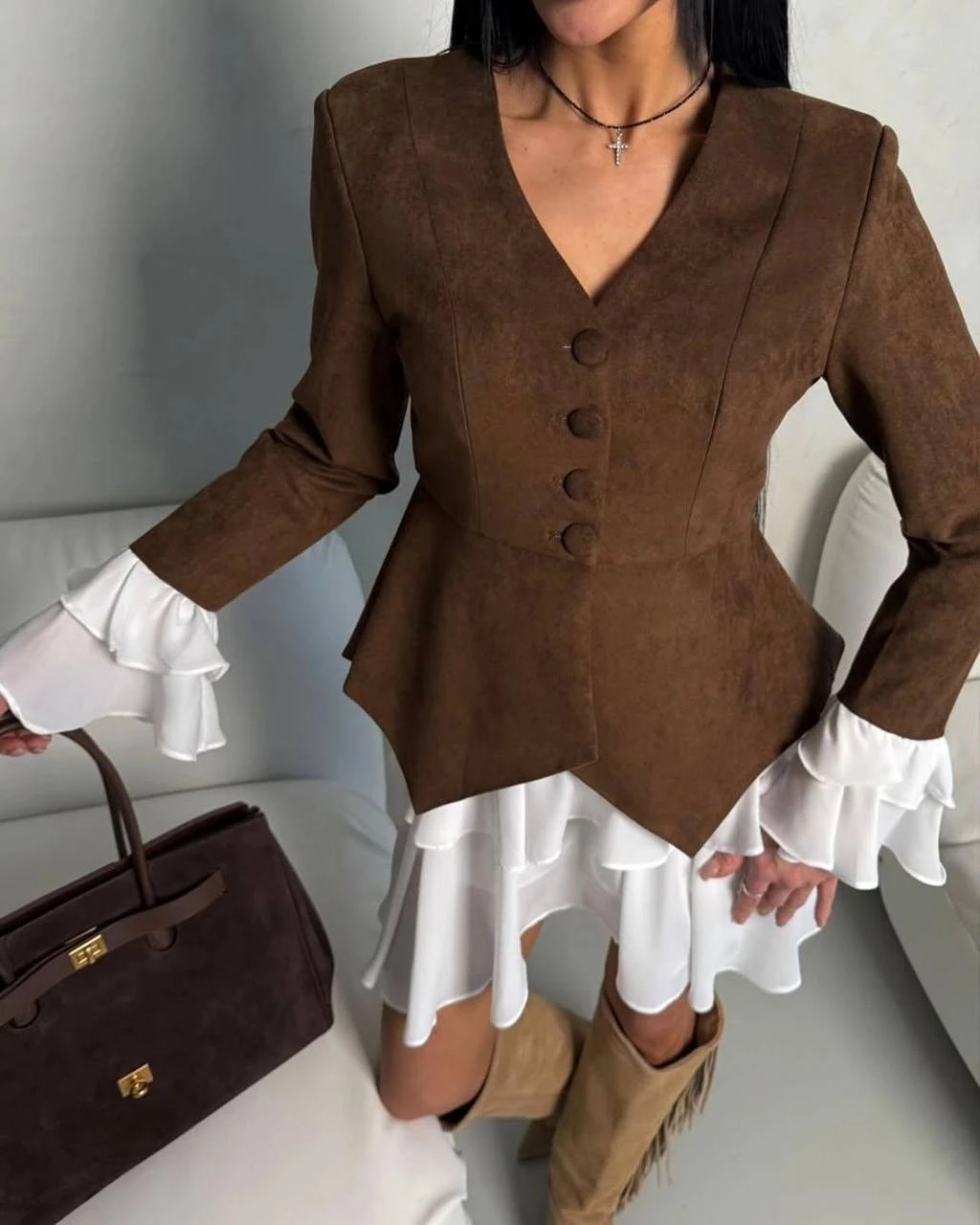 İthal Süet Kumaş Ceket ve Etek Takım