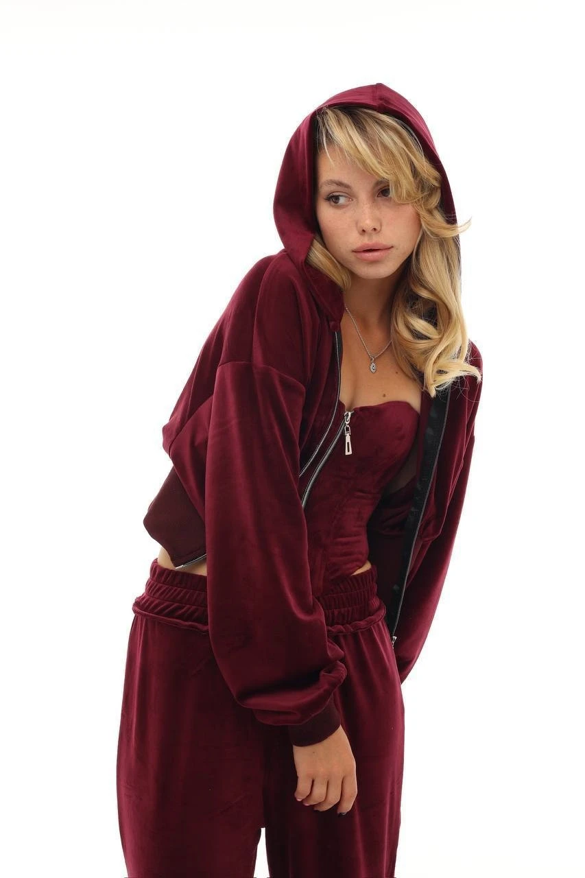 Kadife Kumaş 3lü Eşofman Takımı Bordo