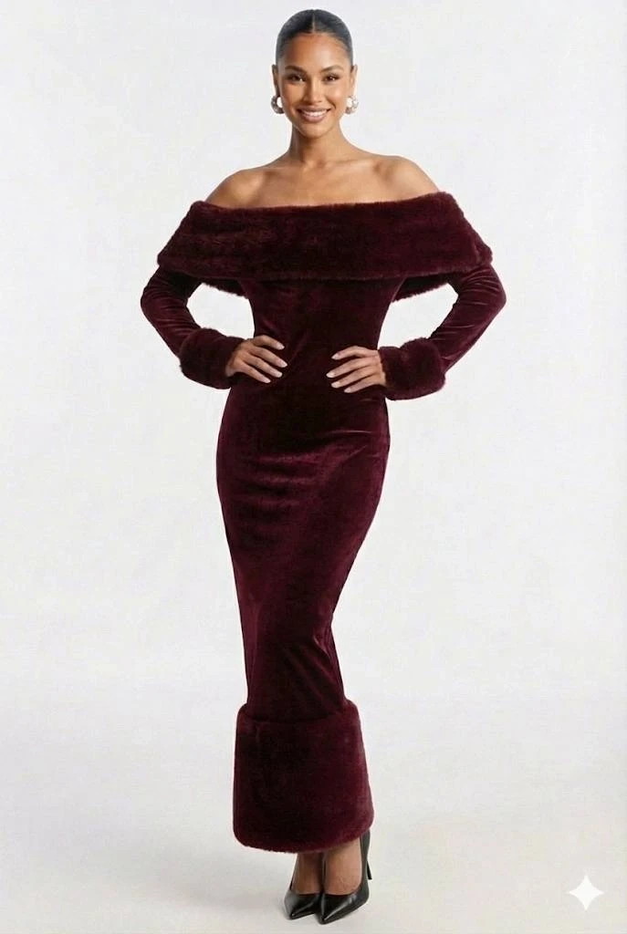 Kadife Kumaş Kürk Detaylı Maxi Elbise Bordo