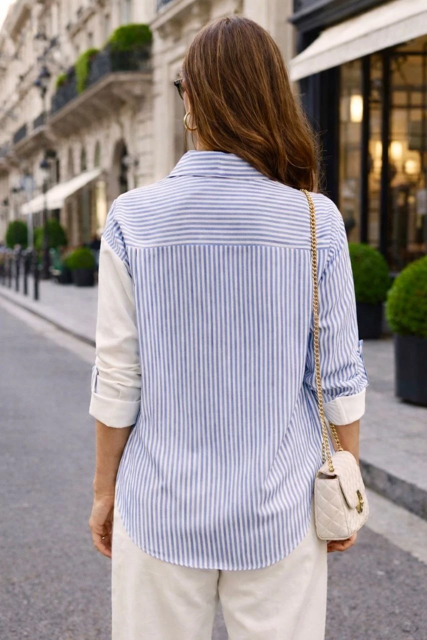 Kadın Baskılı Gömlek Çizgili Bloklu Gömlek Mavi