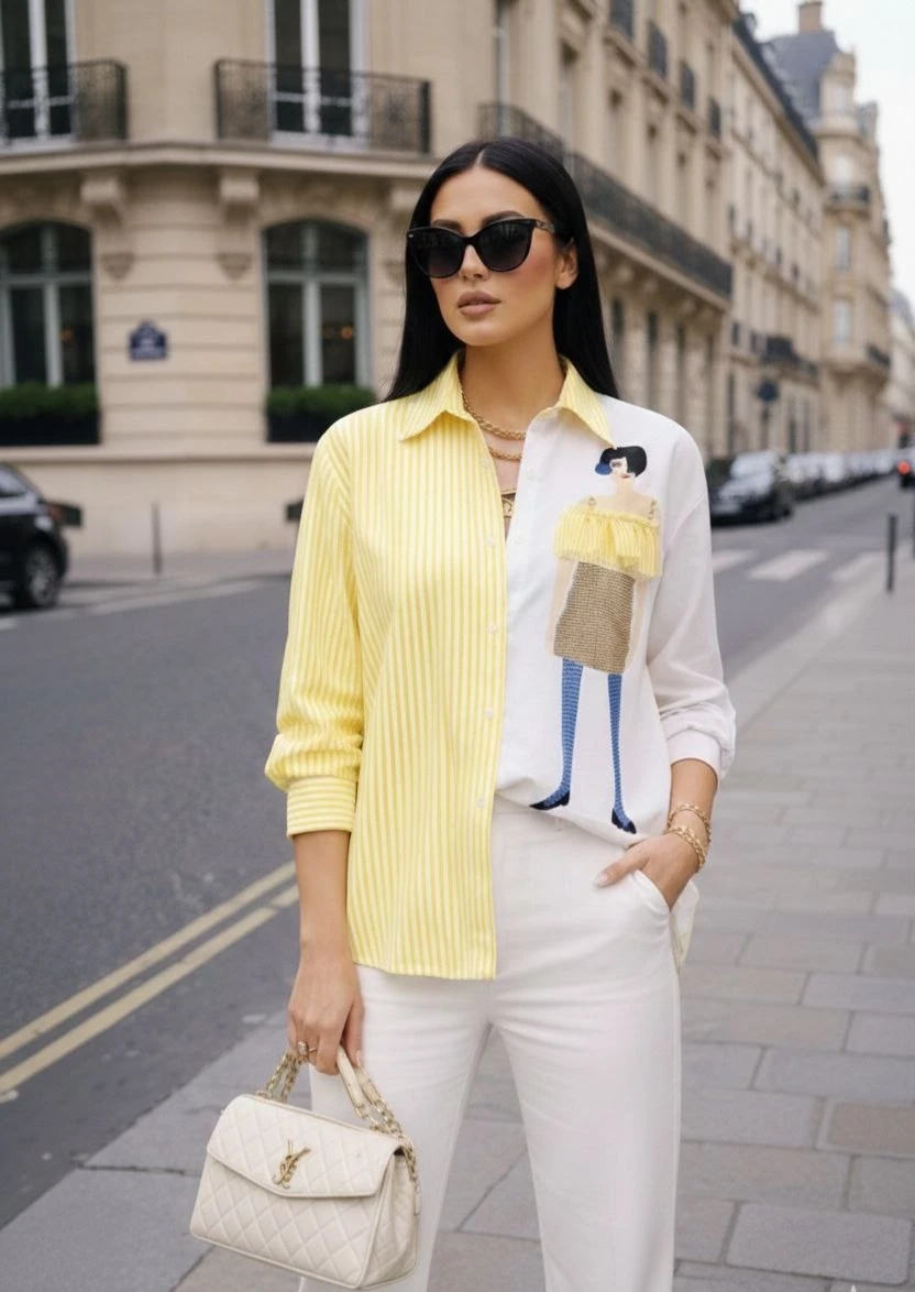 Kadın Baskılı Gömlek Çizgili Bloklu Gömlek Sarı