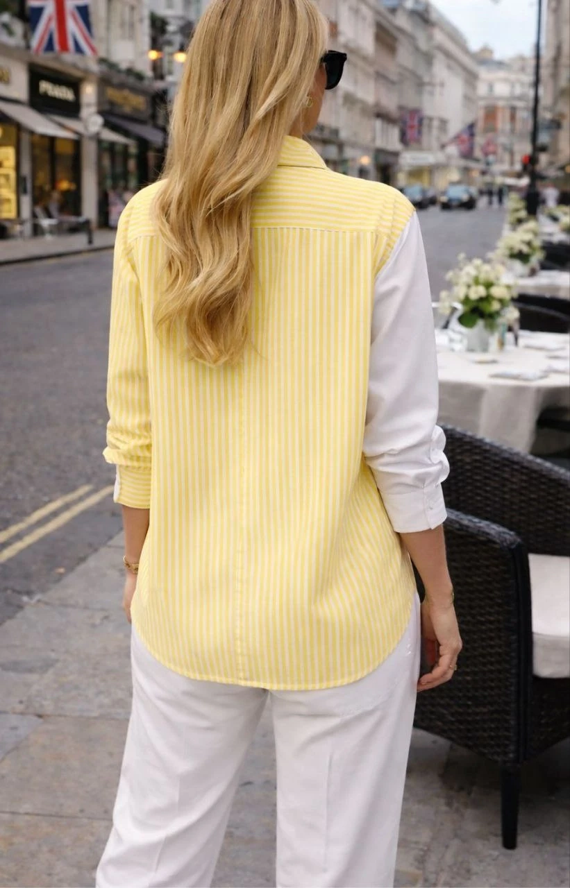 Kadın Baskılı Gömlek Çizgili Bloklu Gömlek Sarı