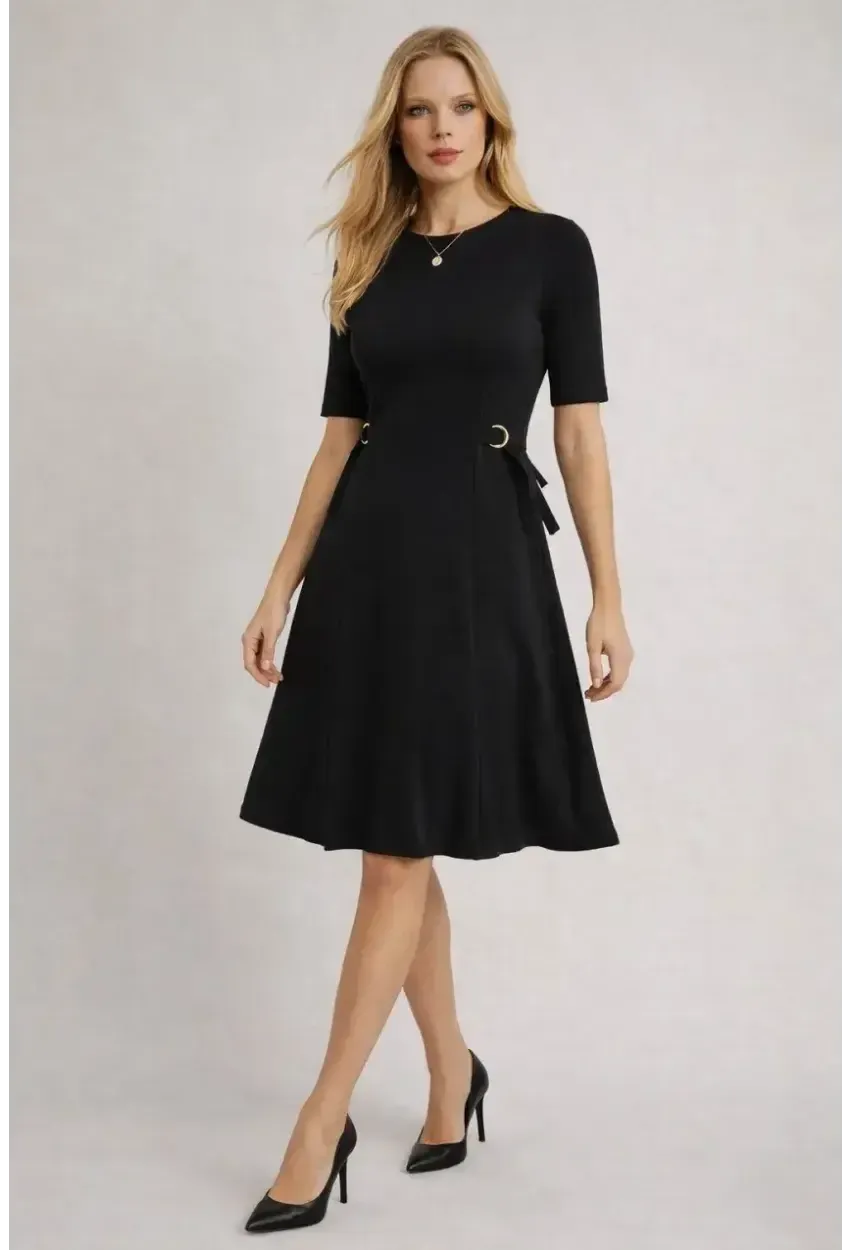 Kadın Bel Toka Detay Modal Kumaş Midiboy Elbise Siyah