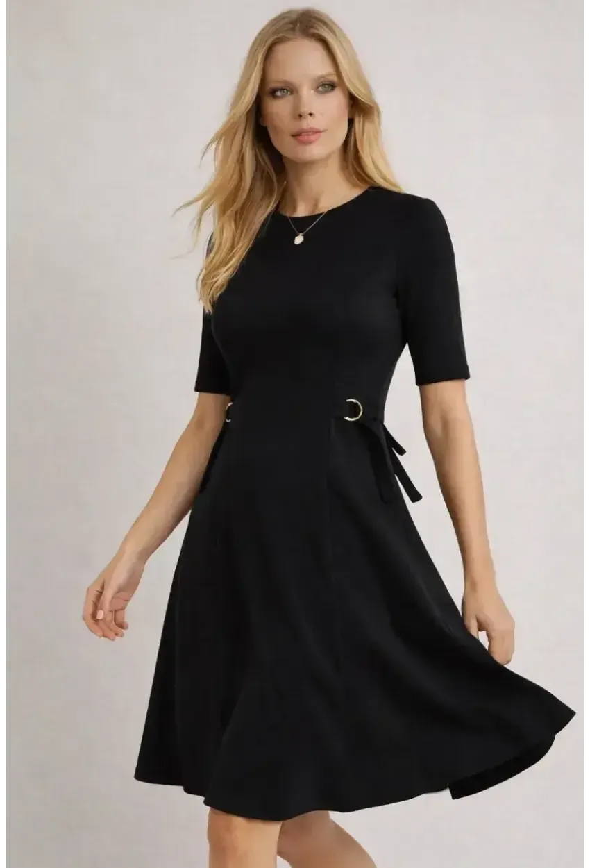 Kadın Bel Toka Detay Modal Kumaş Midiboy Elbise Siyah