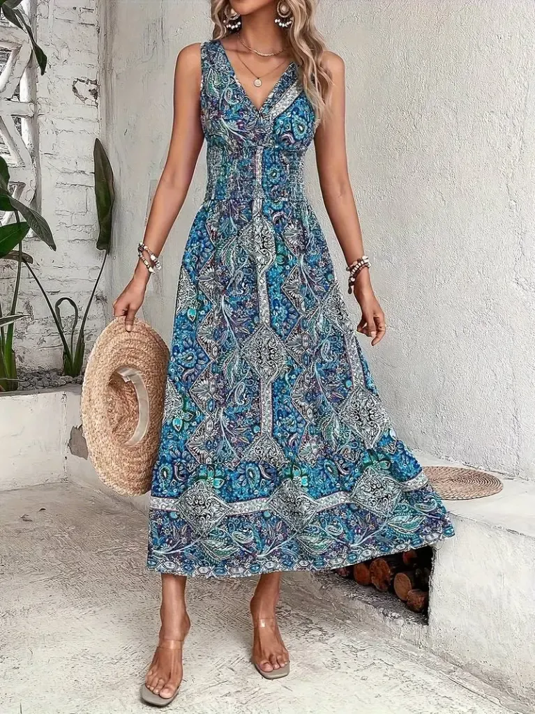 Kadın Beli Gipeli Etnik Desen Sıfır Kol Süprem Elbise, 31184