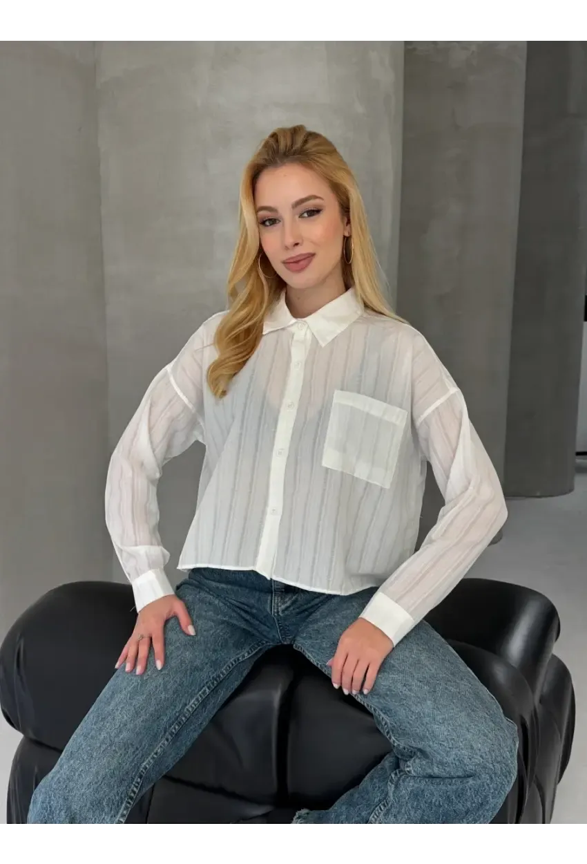 Kadın Beyaz Çizgili Salaş Gömlek