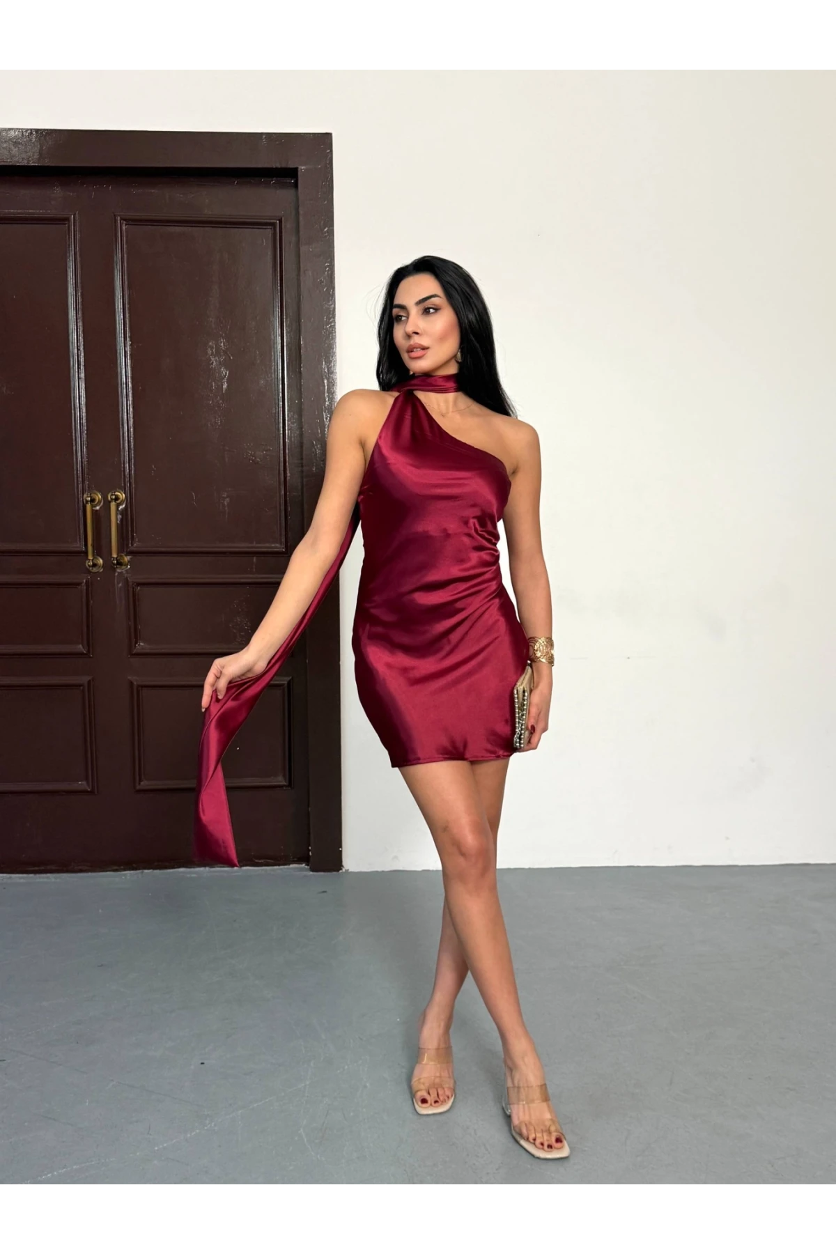 Kadın Boyun Detay Saten Mini Elbise Kırmızı