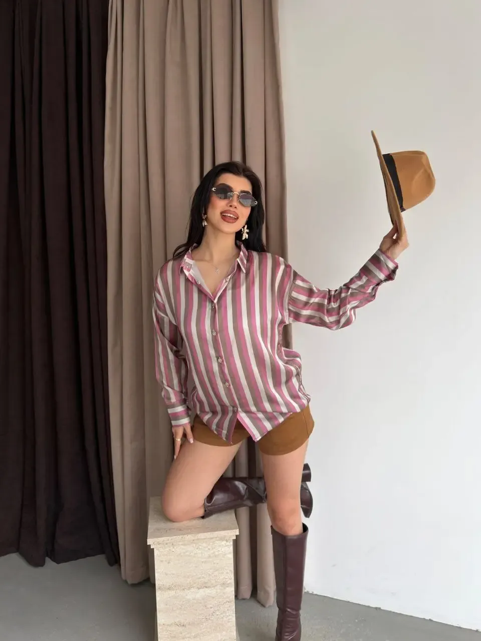 Kadın Çizgili Desenli Saten Gömlek