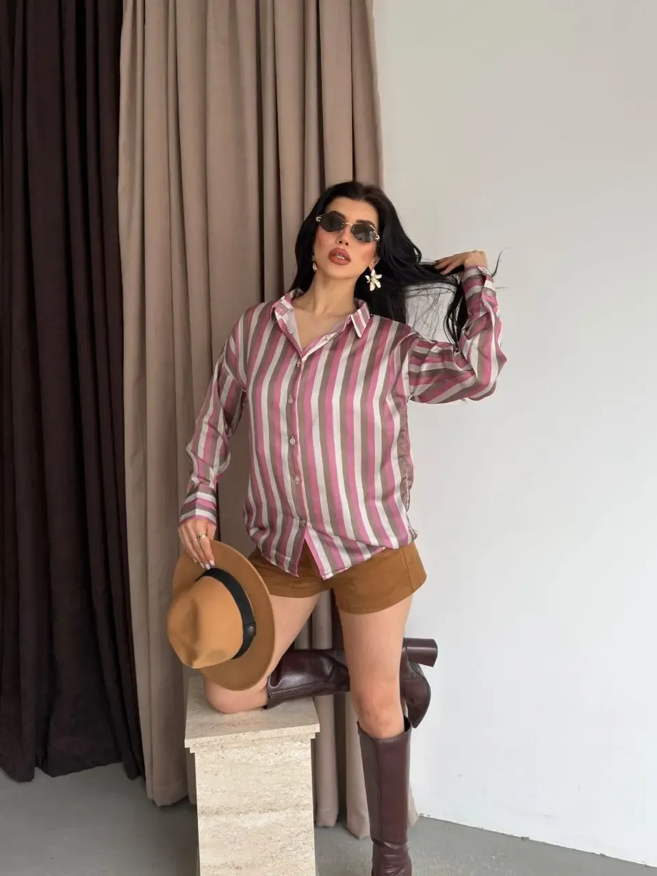 Kadın Çizgili Desenli Saten Gömlek