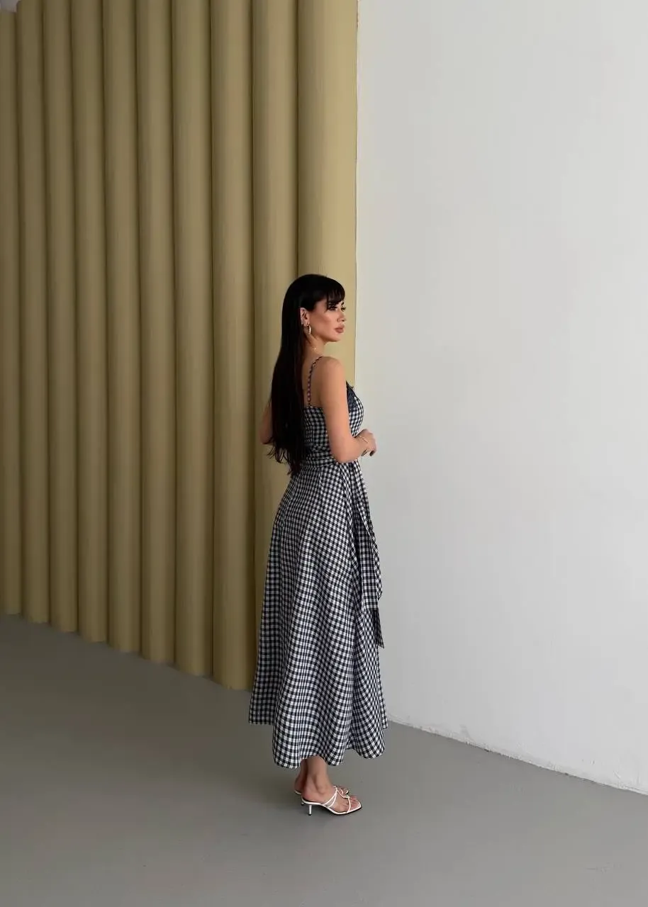 Kadın Ekose Dantelli Sırt Gipeli Elbise Siyah