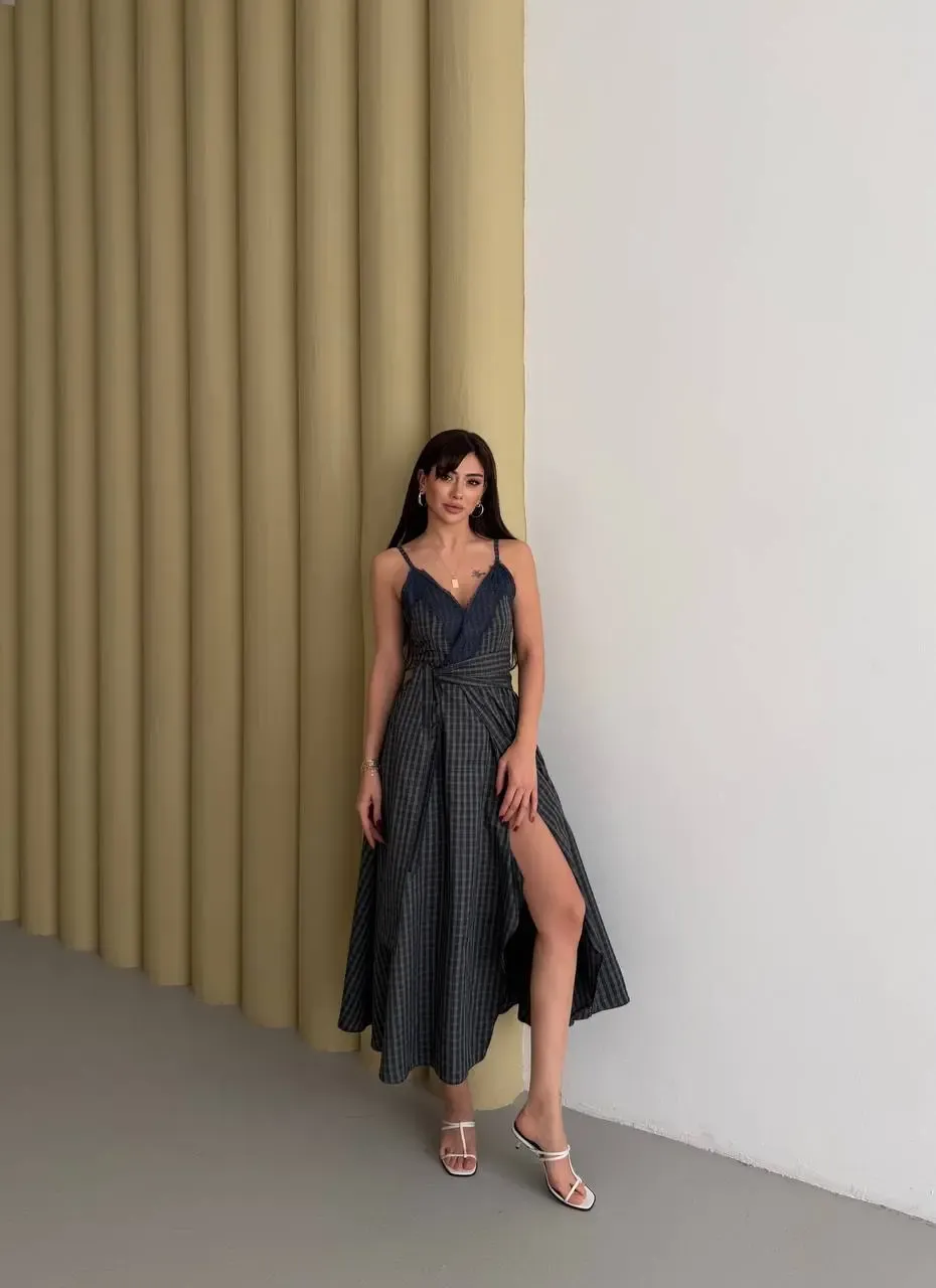 Kadın Ekose Dantelli Sırt Gipeli Elbise Yeşil