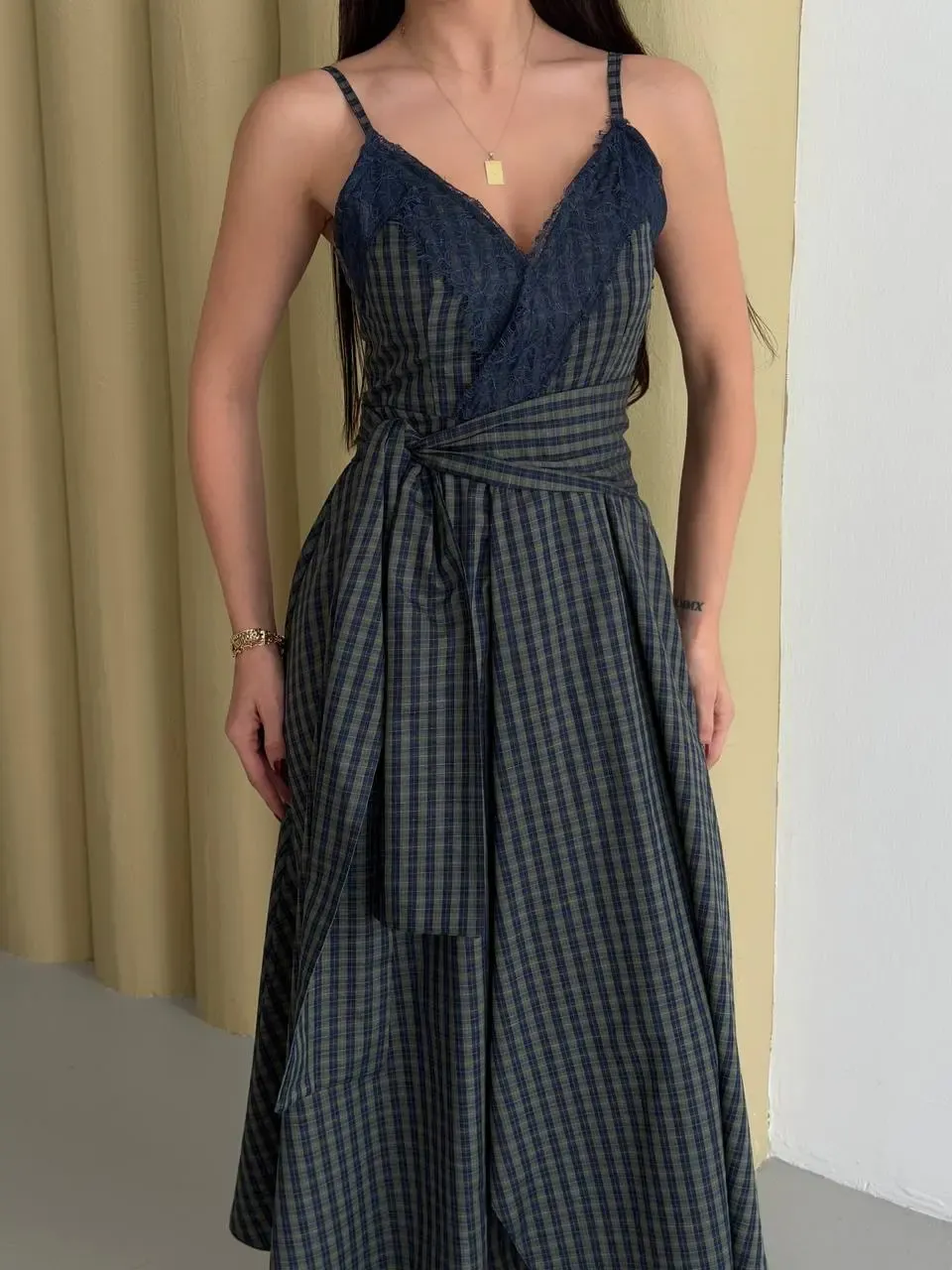 Kadın Ekose Dantelli Sırt Gipeli Elbise Yeşil