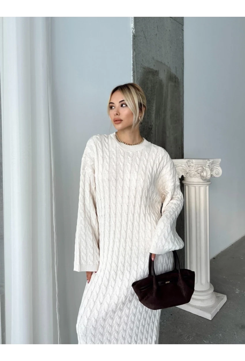 Kadın Ekru Bisiklet Yaka Saç Örgülü Kadın Triko Midi Elbise