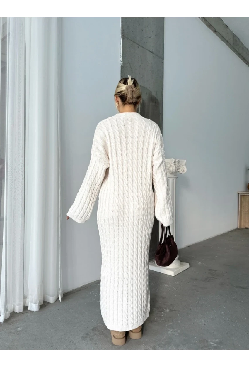 Kadın Ekru Bisiklet Yaka Saç Örgülü Kadın Triko Midi Elbise