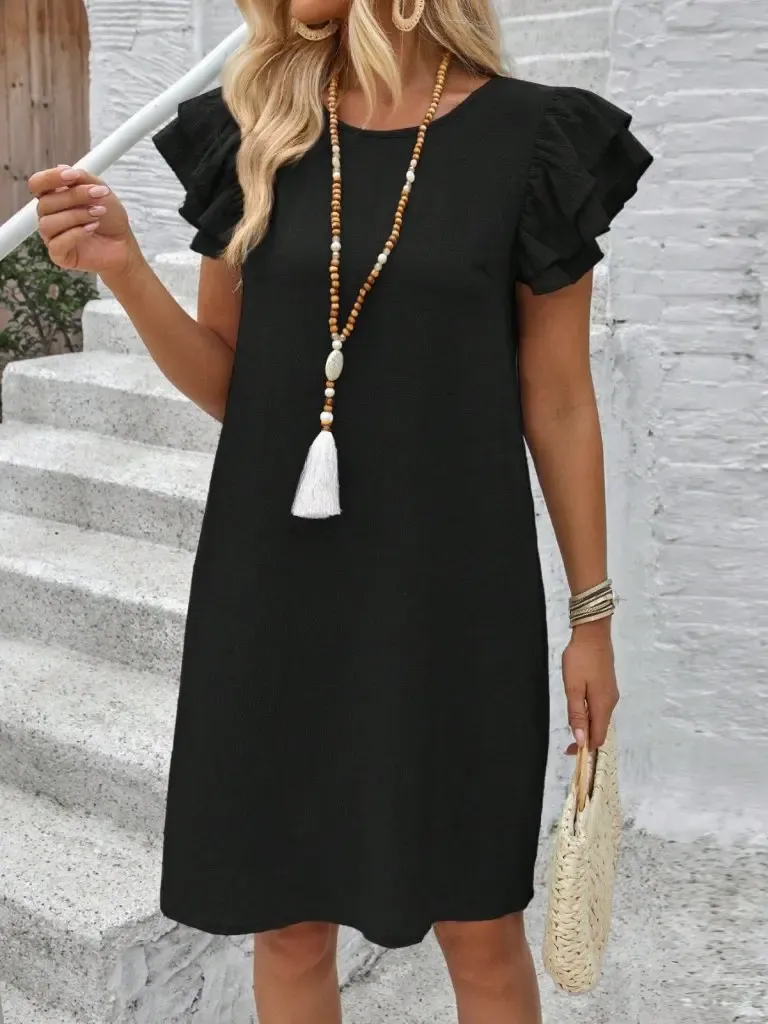 Kadın Kısa Kollu Bisiklet Yaka Fırfırlı Kısa Bürümcük Elbise