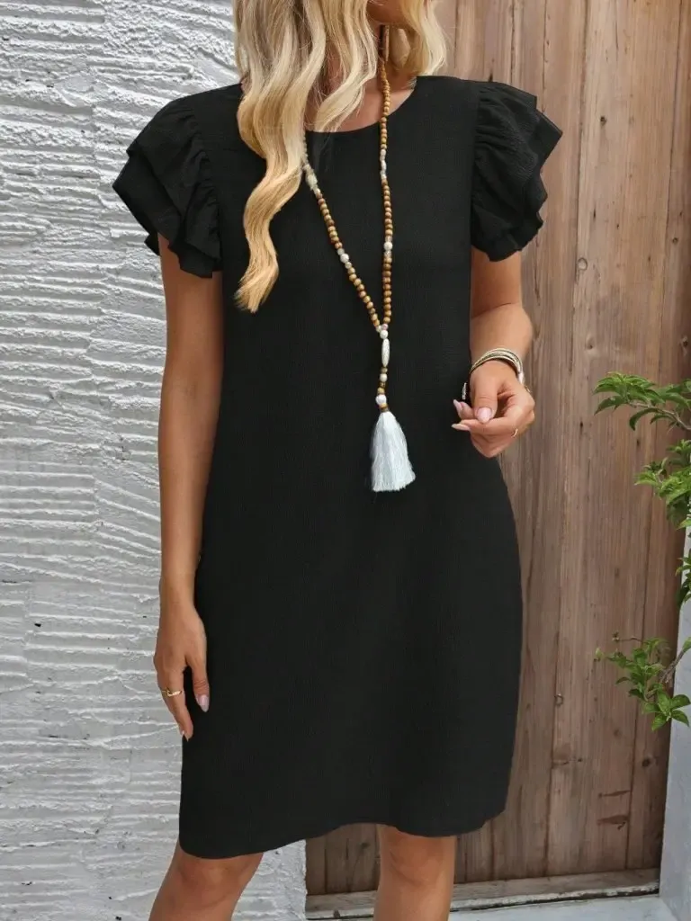 Kadın Kısa Kollu Bisiklet Yaka Fırfırlı Kısa Bürümcük Elbise