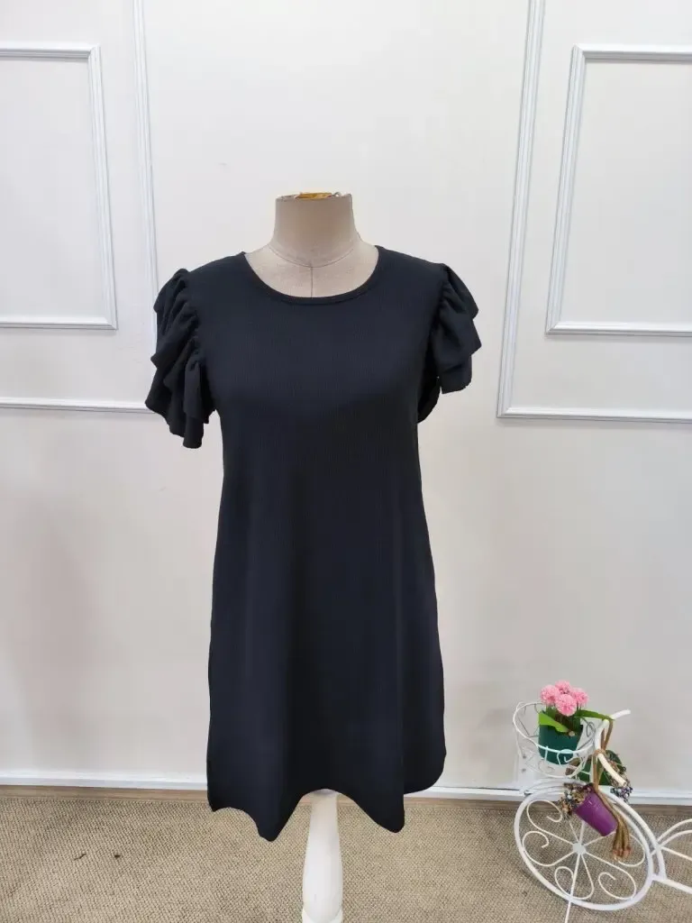 Kadın Kısa Kollu Bisiklet Yaka Fırfırlı Kısa Bürümcük Elbise