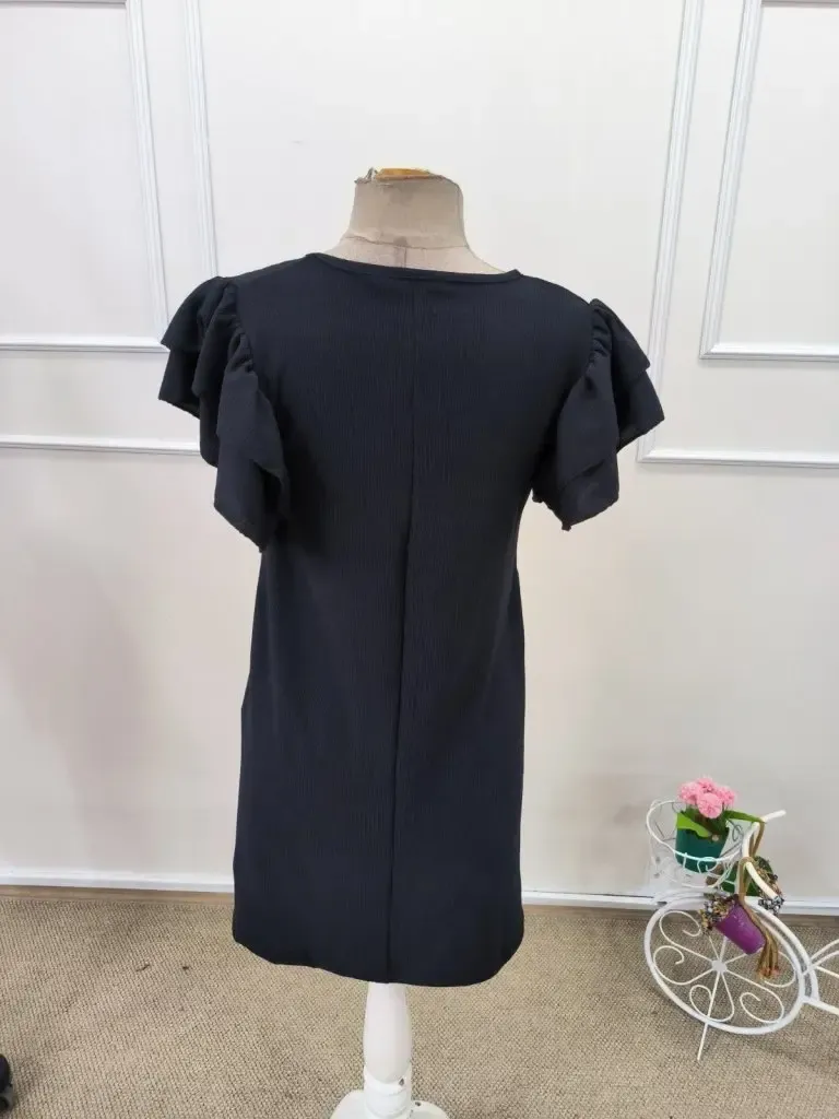 Kadın Kısa Kollu Bisiklet Yaka Fırfırlı Kısa Bürümcük Elbise