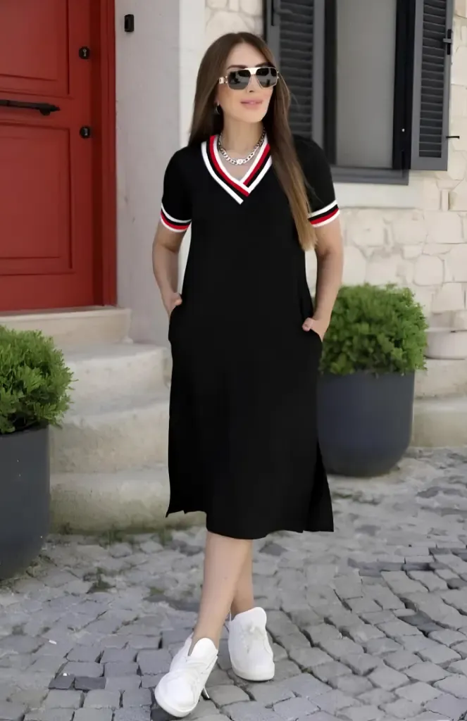 Kadın Kısa Kollu V Yaka Ribana Detay Midiboy Viskon Elbise, 24397