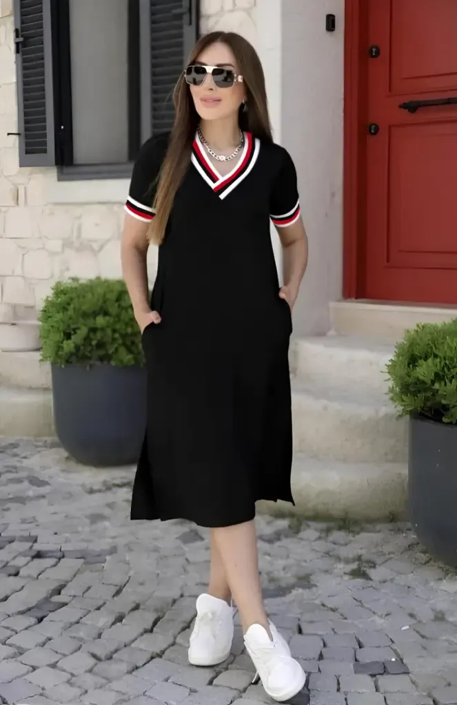 Kadın Kısa Kollu V Yaka Ribana Detay Midiboy Viskon Elbise, 24397