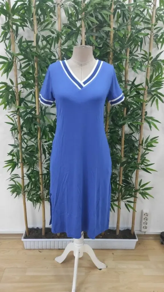 Kadın Kısa Kollu V Yaka Ve Yaka Ribana Detay Midiboy Viskon Elbise, 27055