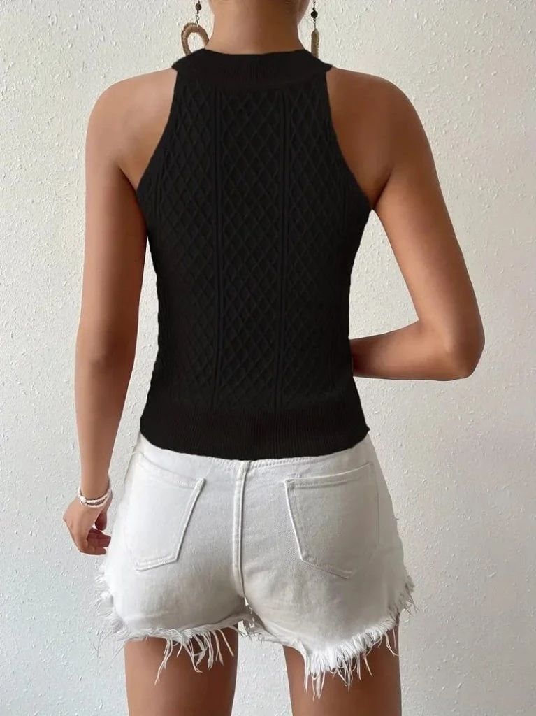 Kolsuz Halter Yaka Mini Baklava Desenli Triko Bluz