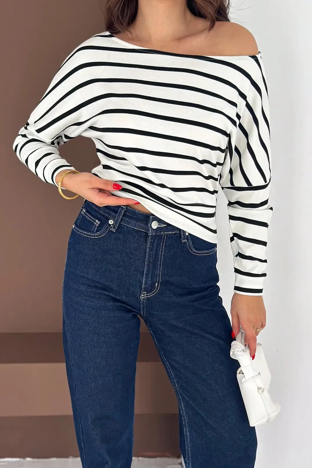 Kadın Omuz Açık Çizgili Bluz