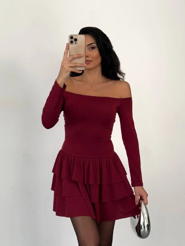 Kadın Omuz Detay Mini Elbise Bordo
