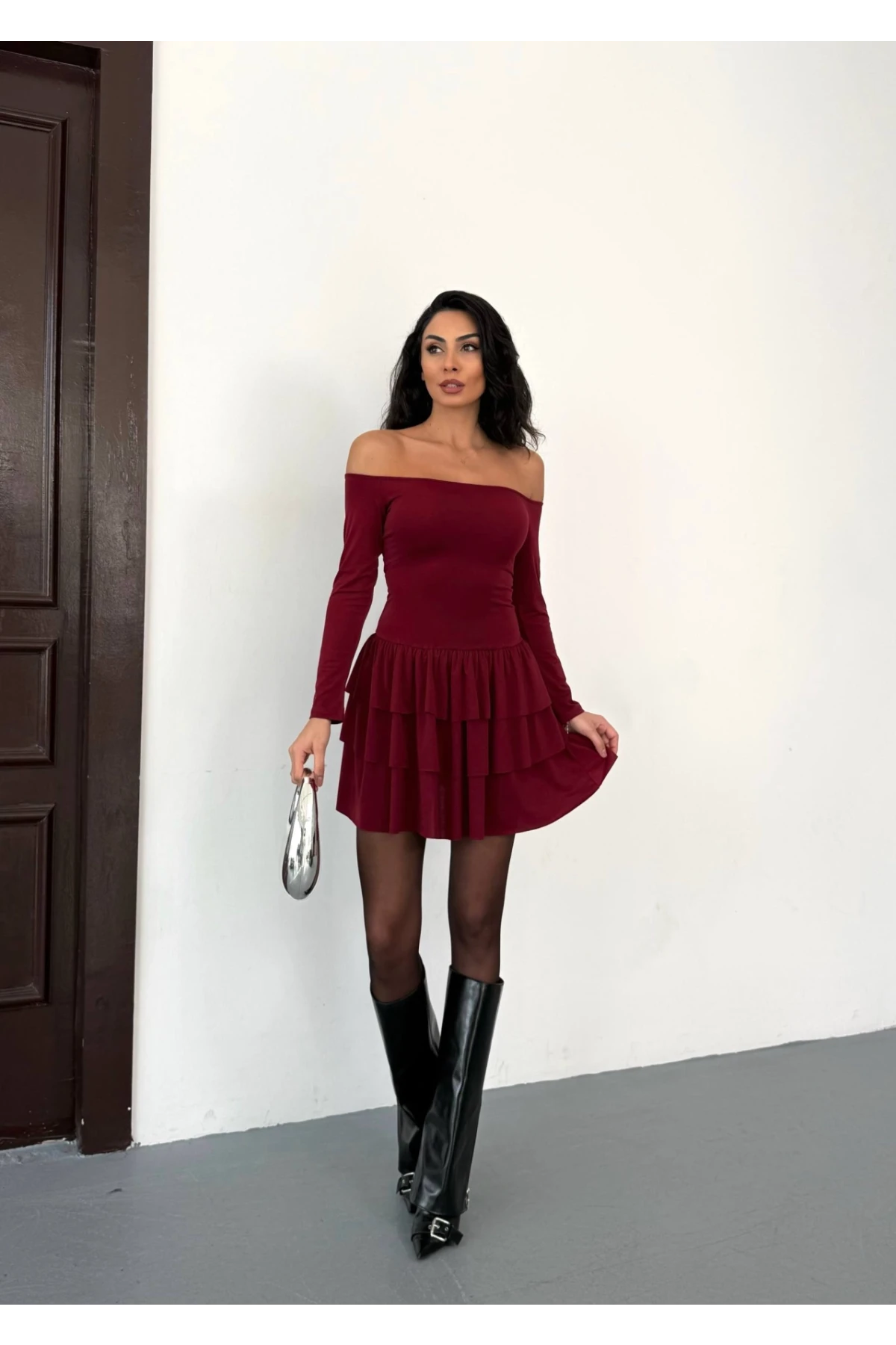 Kadın Omuz Detay Mini Elbise Bordo