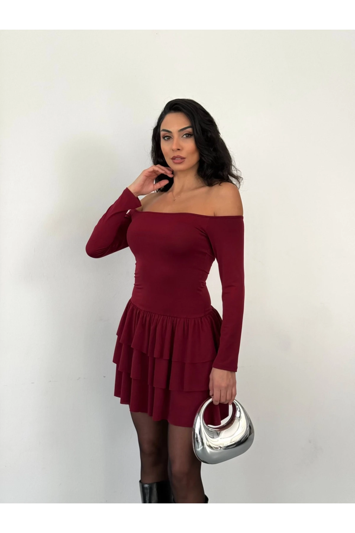 Kadın Omuz Detay Mini Elbise Bordo