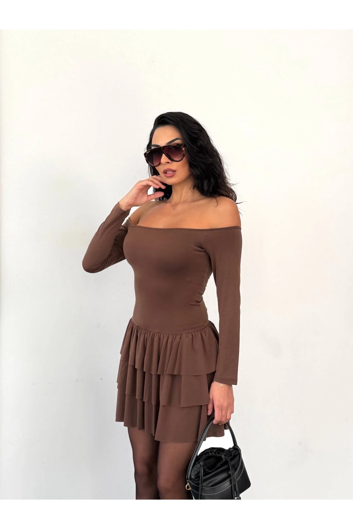 Kadın Omuz Detay Mini Elbise Kahve