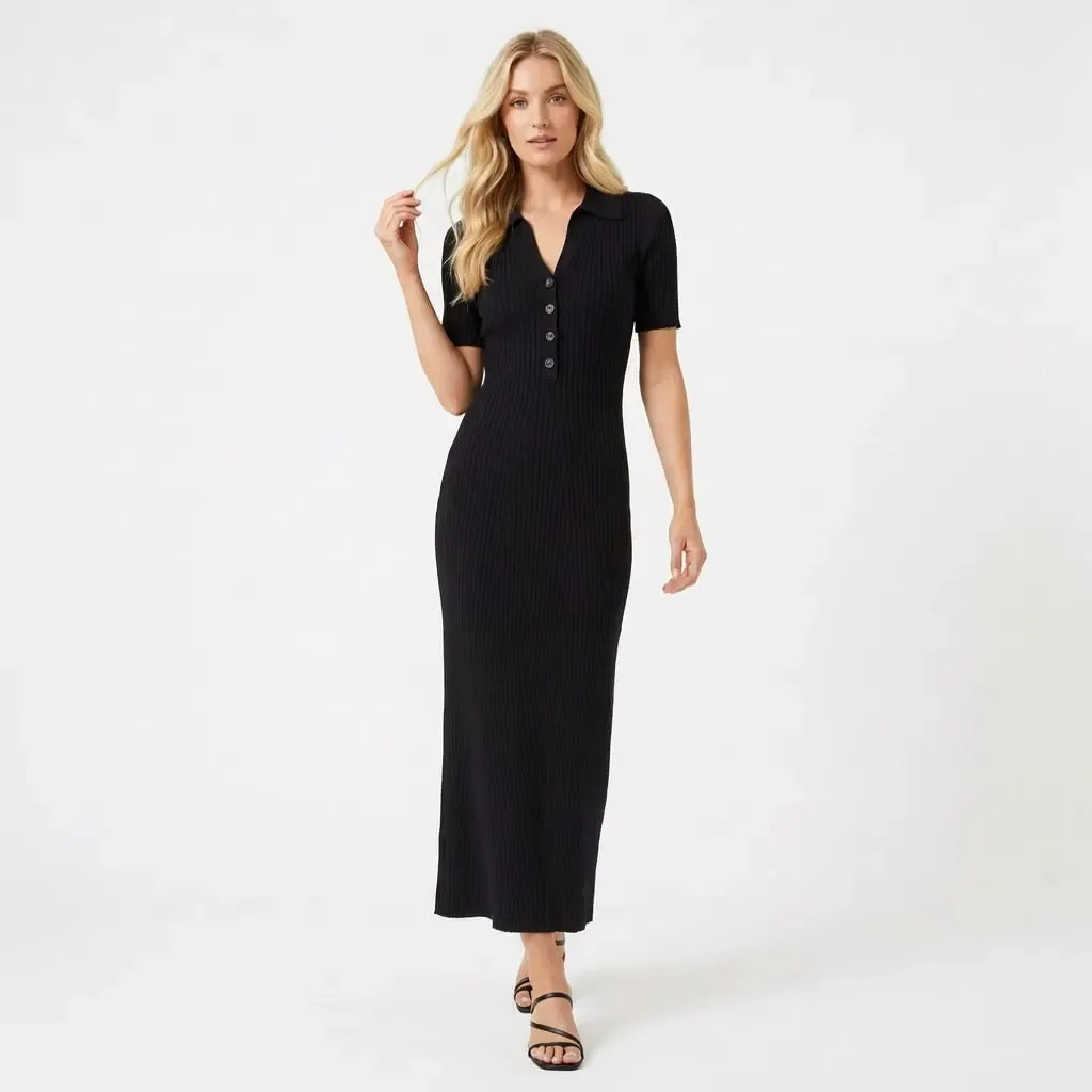 Kadın Polo Yaka Düğme Detay Kaşkorse Viskon Triko Elbise